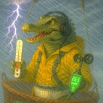 Rufus in his SwampButt Underwear Weather Balloon using climate data to predict college football game outcomes.