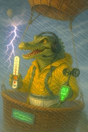 Rufus in his SwampButt Underwear Weather Balloon using climate data to predict college football game outcomes.