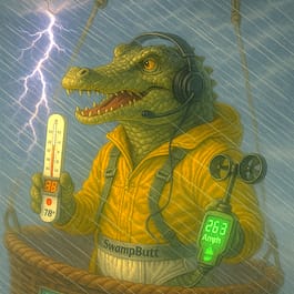 Rufus in his SwampButt Underwear Weather Balloon using climate data to predict college football game outcomes.